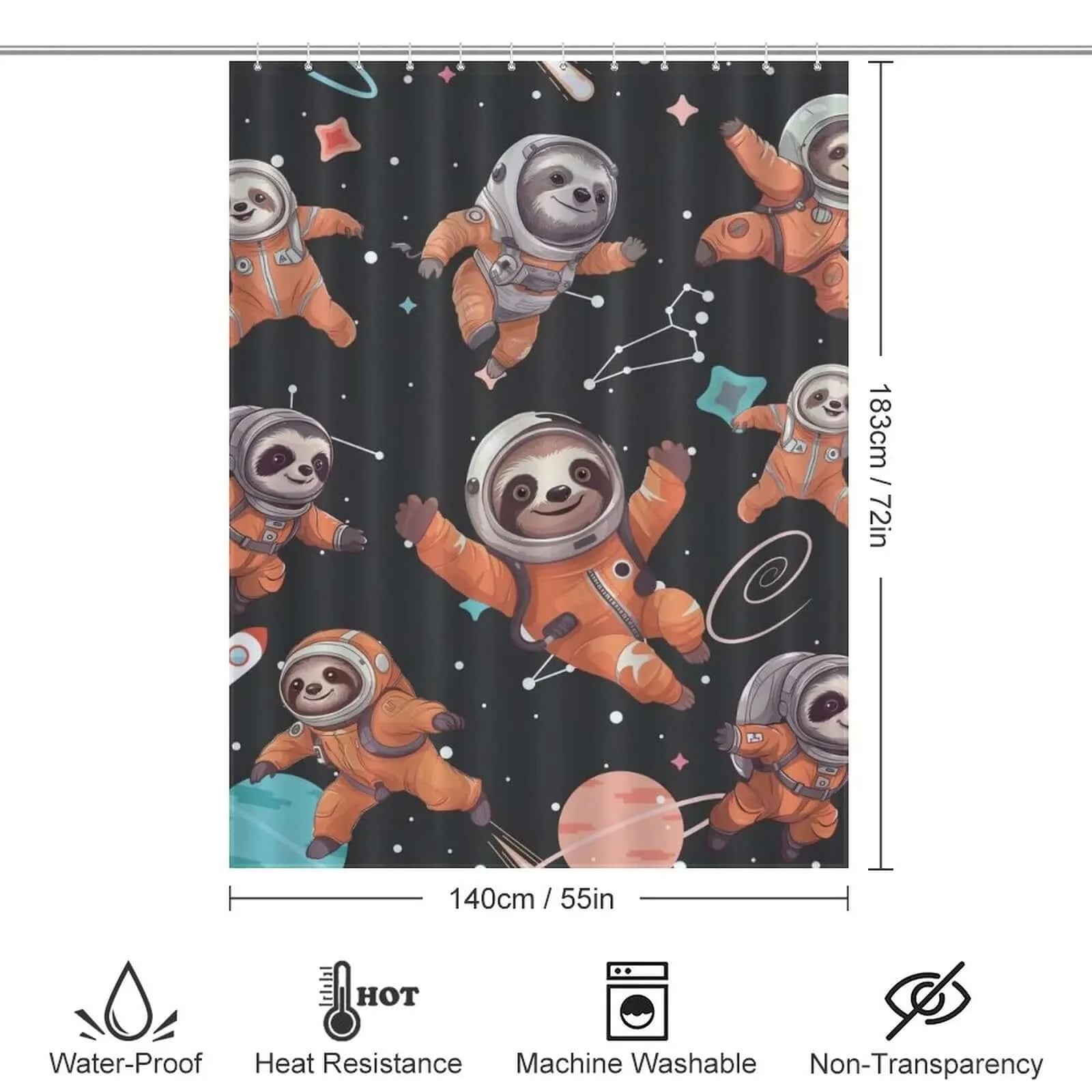 This durable Cotton Cat shower curtain features a whimsical design of Sloth Astronauts.