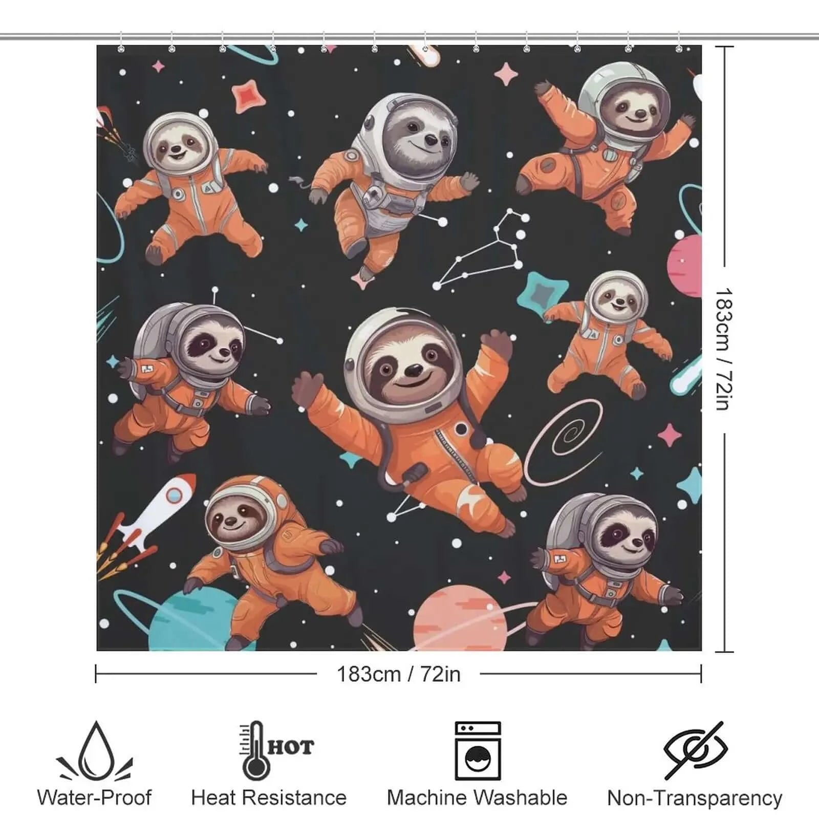 A durable Sloth Astronauts Shower Curtain-Cottoncat from Cotton Cat with whimsical sloths in space.
