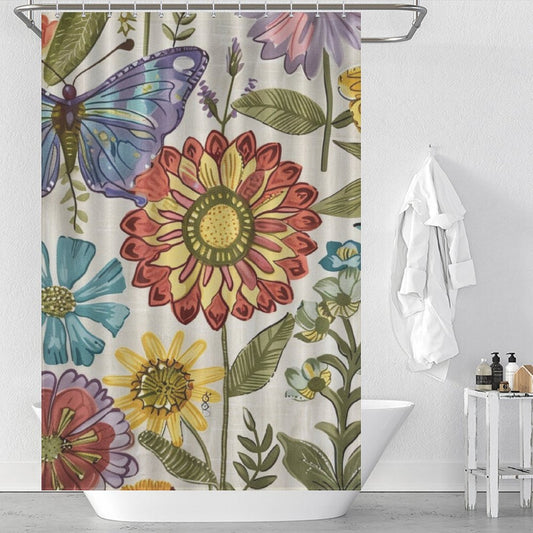 Sunny Floral Butterflies Boho Shower Curtain