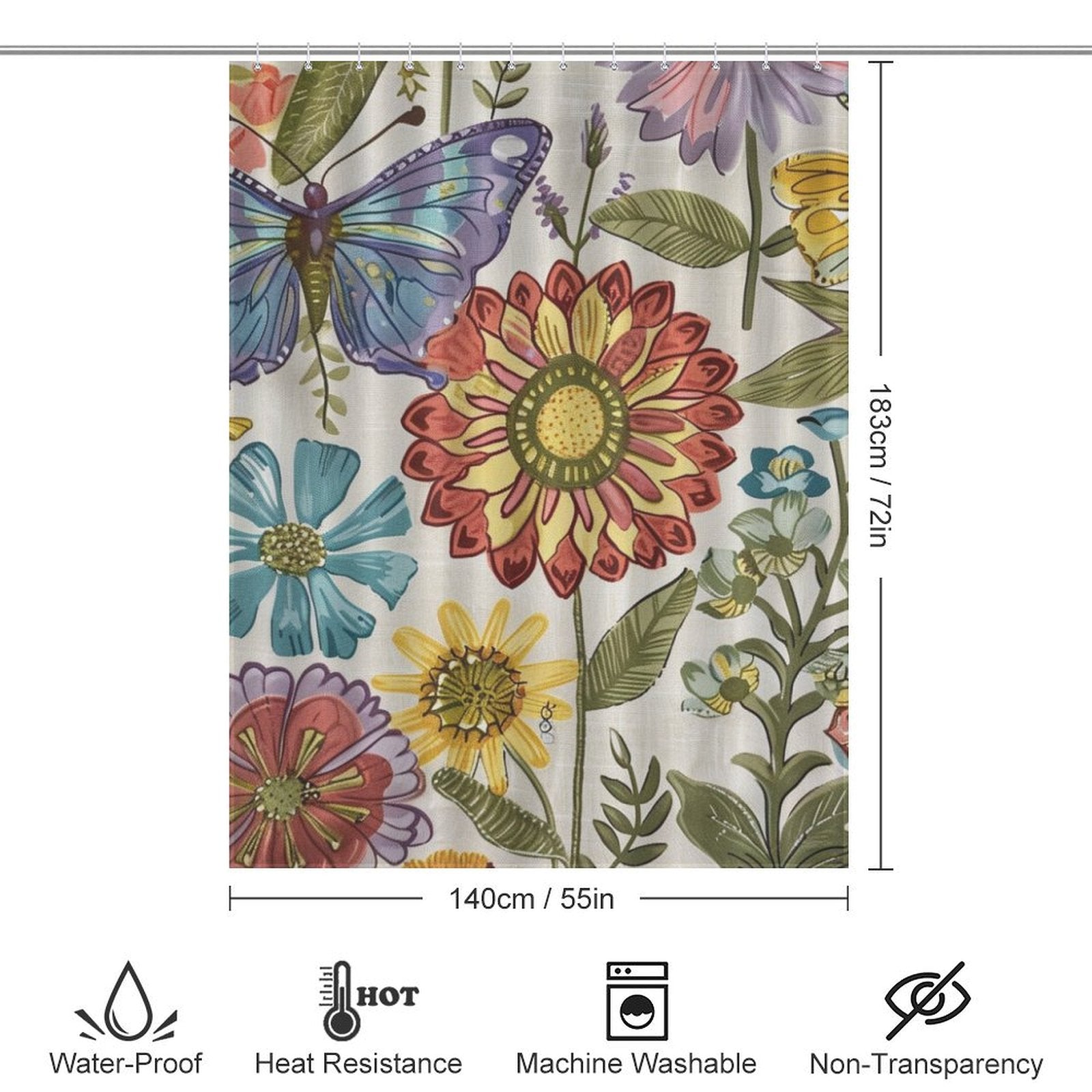 Sunny Floral Butterflies Boho Shower Curtain