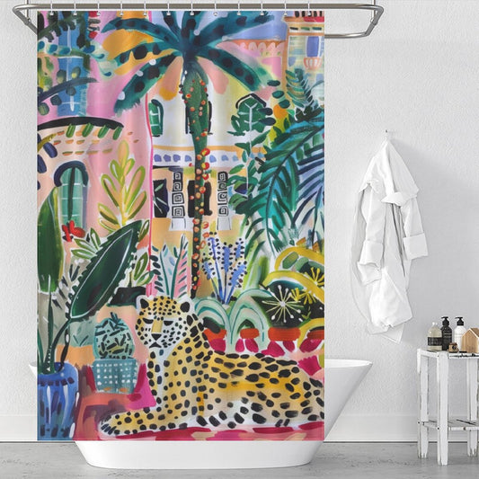 Tropical Garden Leopard Boho Shower Curtain