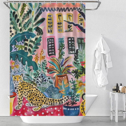 Tropical Leopard Flowers Boho Shower Curtain