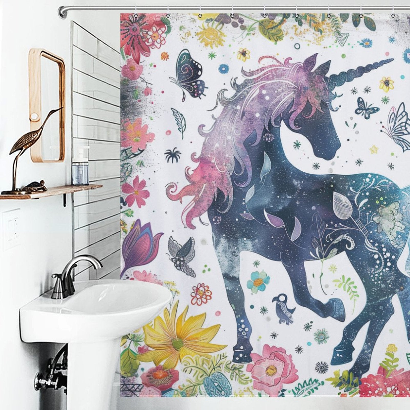 Unicorn Floral Boho Shower Curtain