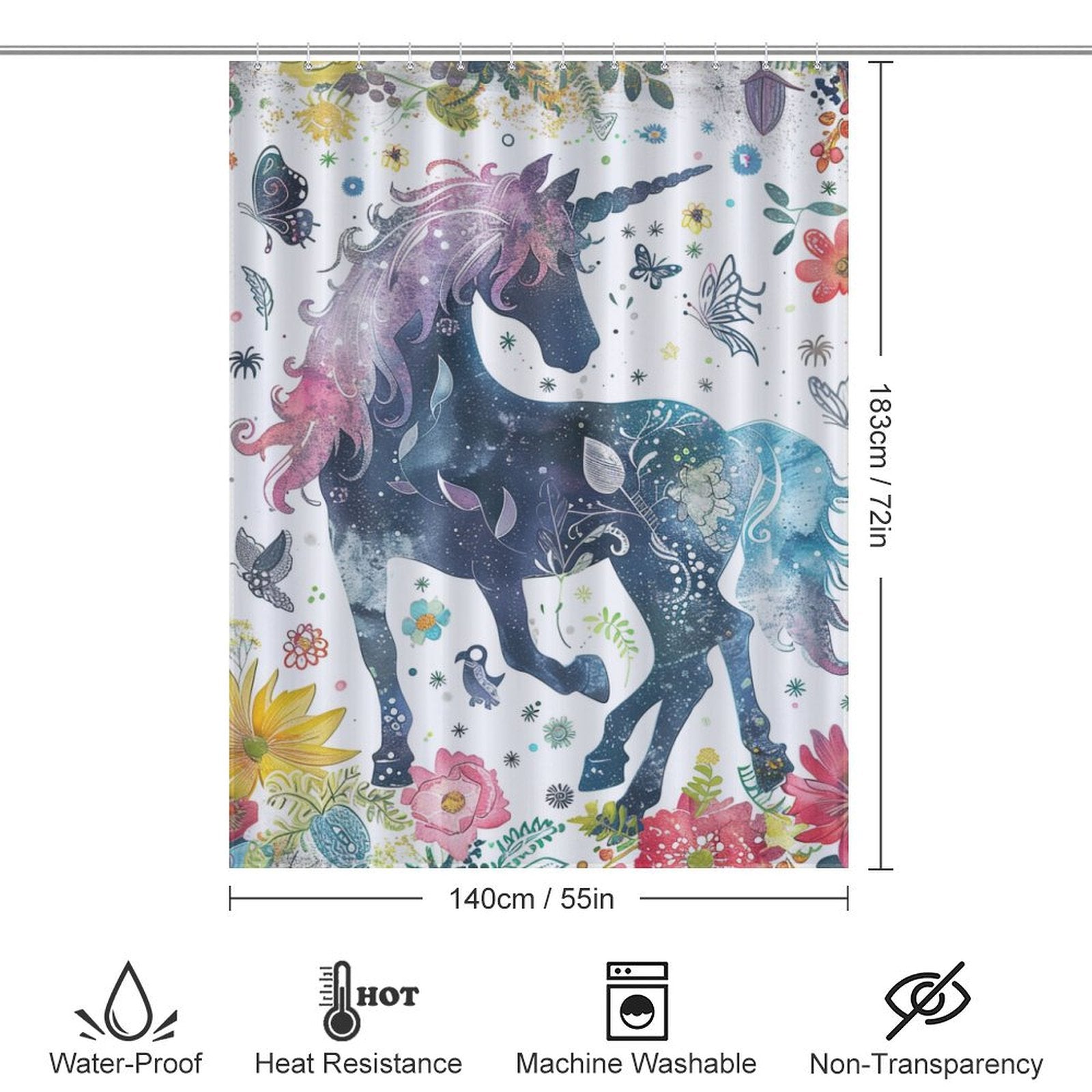 Unicorn Floral Boho Shower Curtain