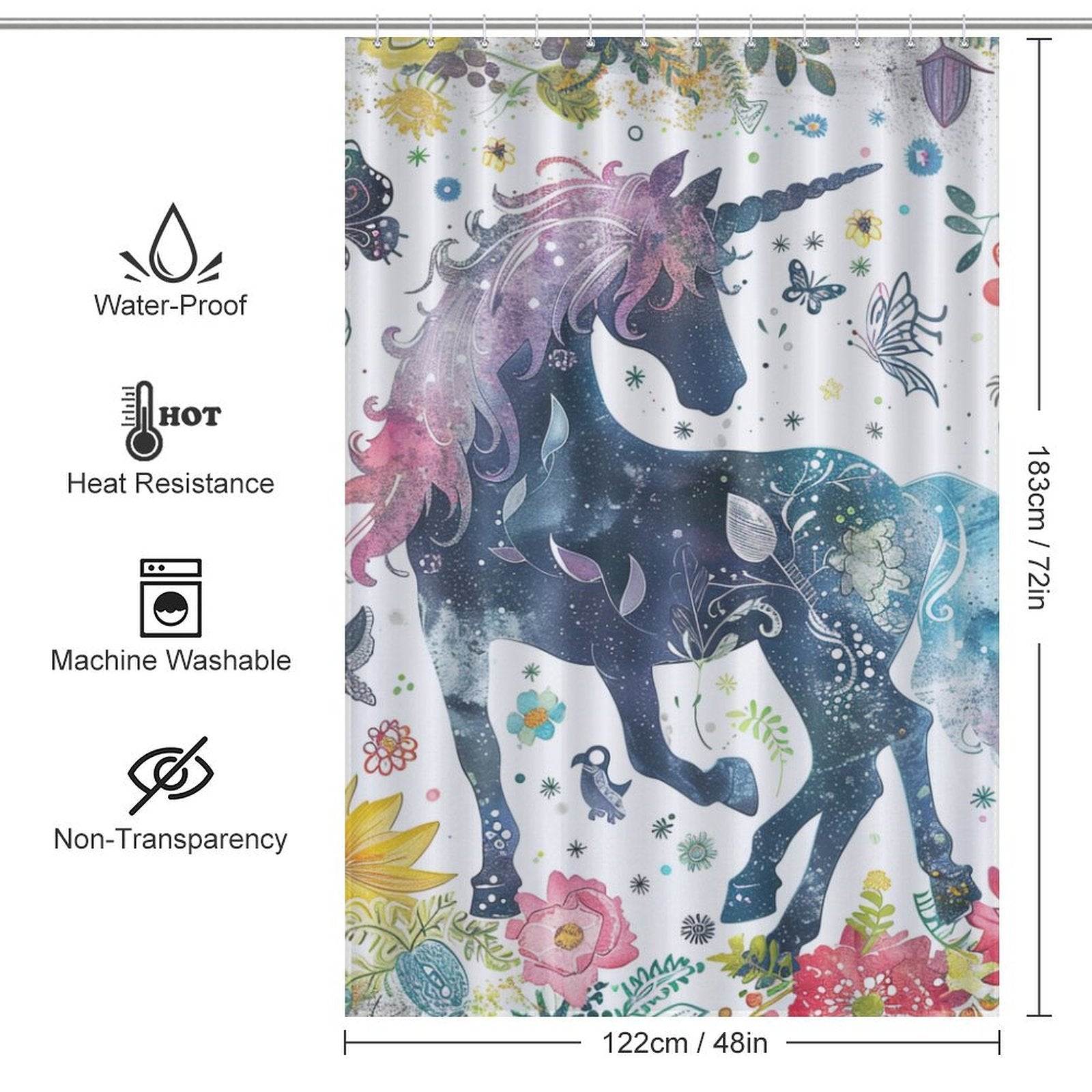 Unicorn Floral Boho Shower Curtain