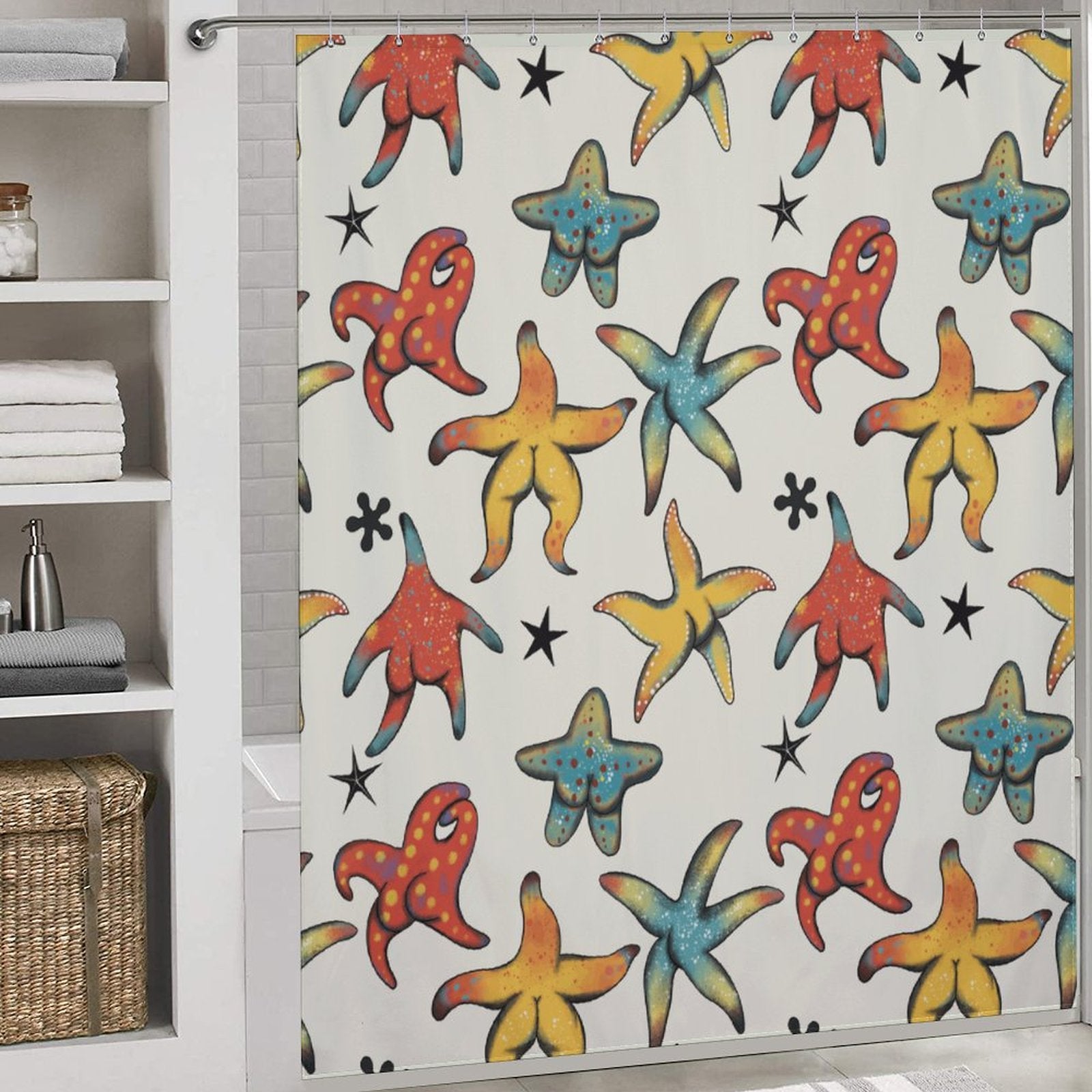Enhance your bathroom decor with a vibrant Unique Funny Starfish Butt Shower Curtain from Cotton Cat, emanating coastal vibes.