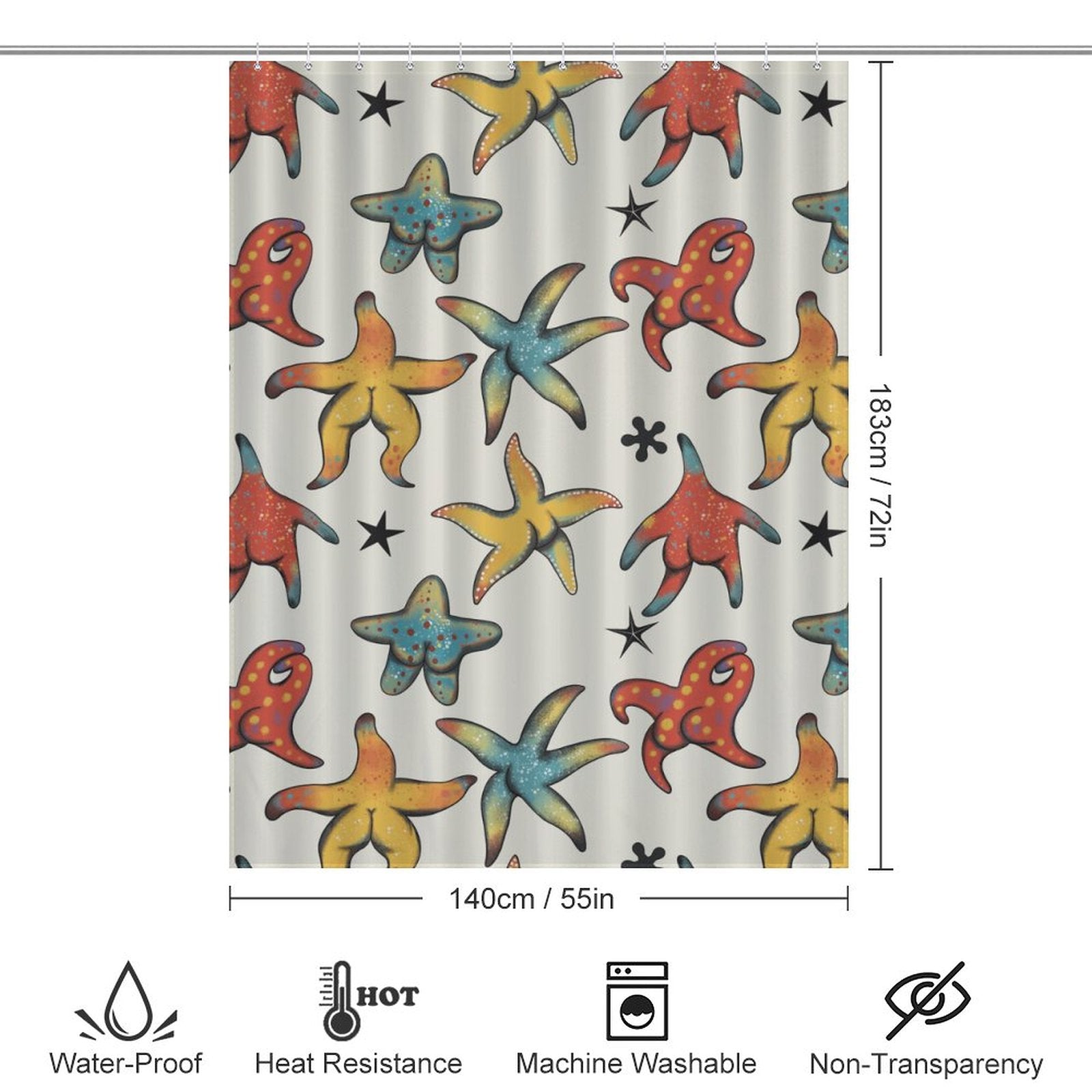 Add coastal vibes to your bathroom decor with the Unique Funny Starfish Butt shower curtain by Cotton Cat. It comes with measurements for easy fitting.