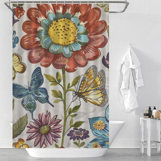 Vibrant Floral Butterflies Boho Shower Curtain