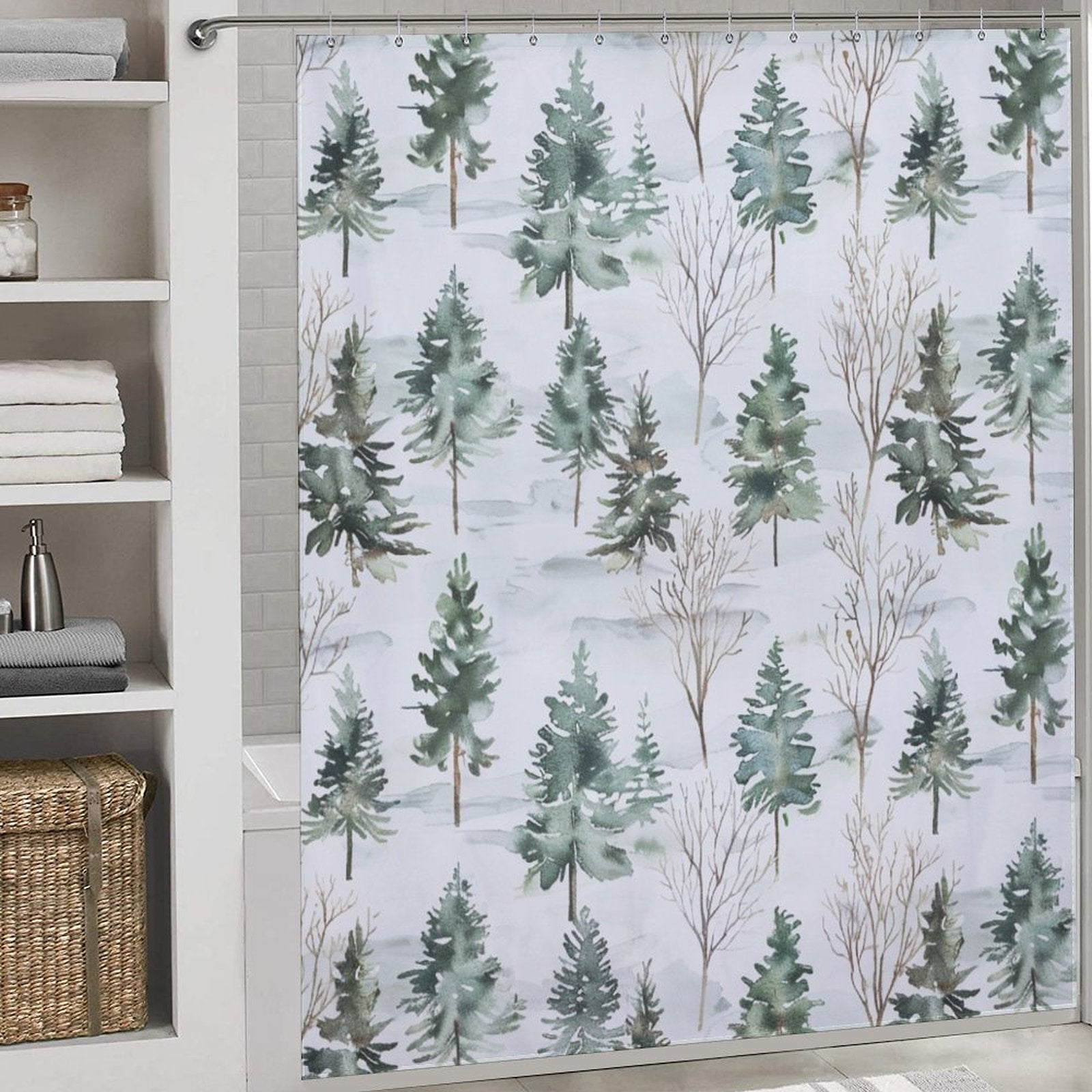 Watercolor Rustic PineTrees Winter Shower Curtain