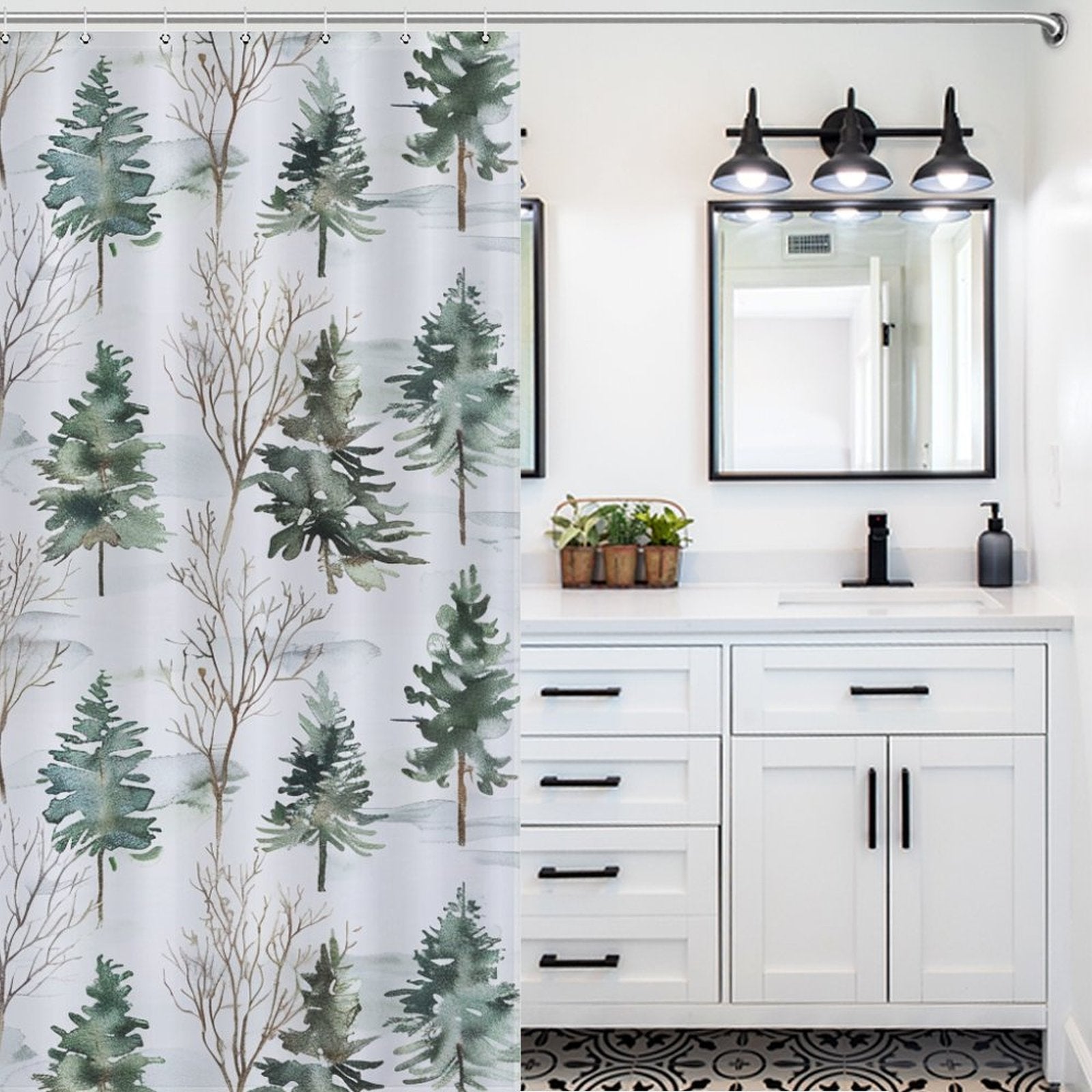 Watercolor Rustic PineTrees Winter Shower Curtain