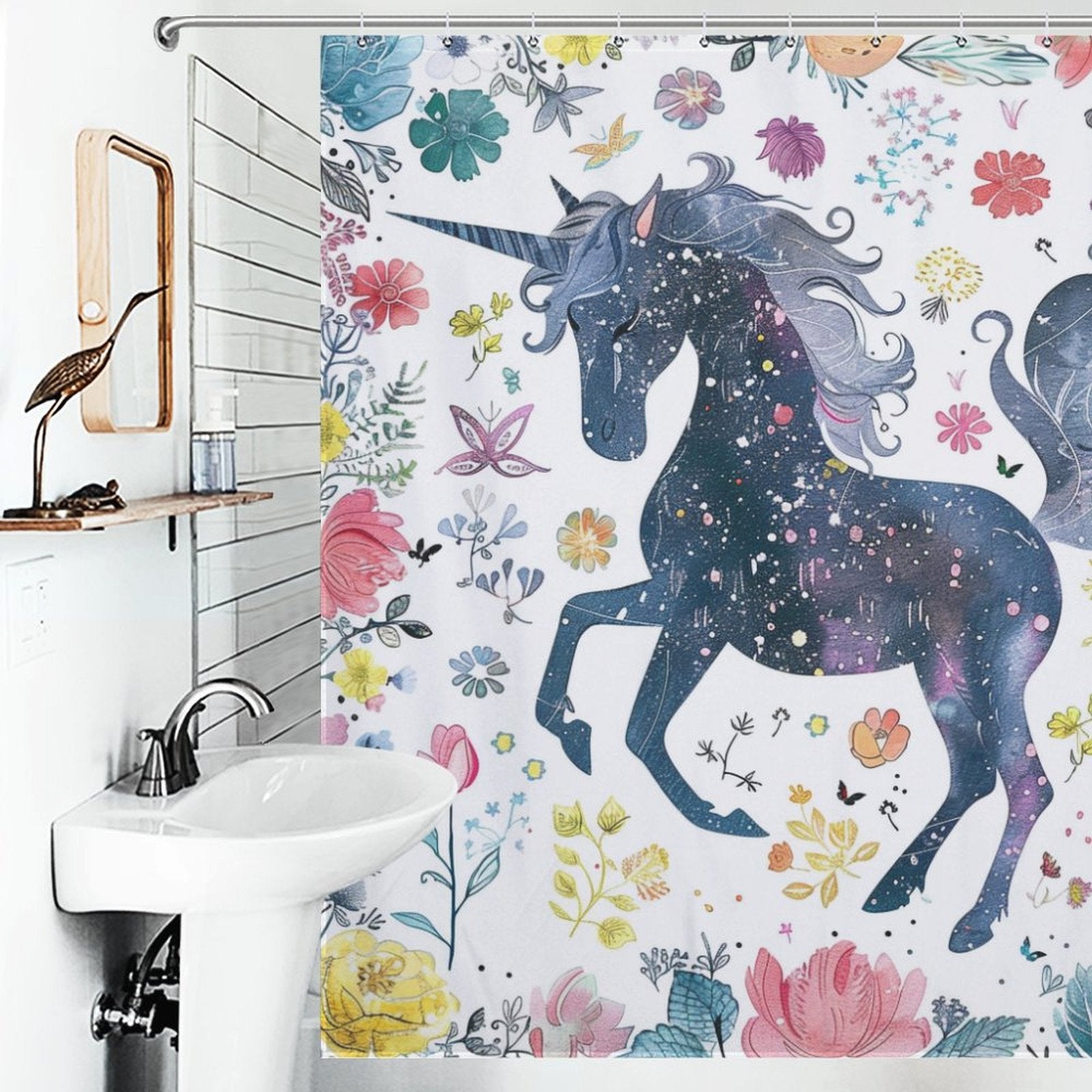 Watercolor Unicorn Floral Boho Shower Curtain