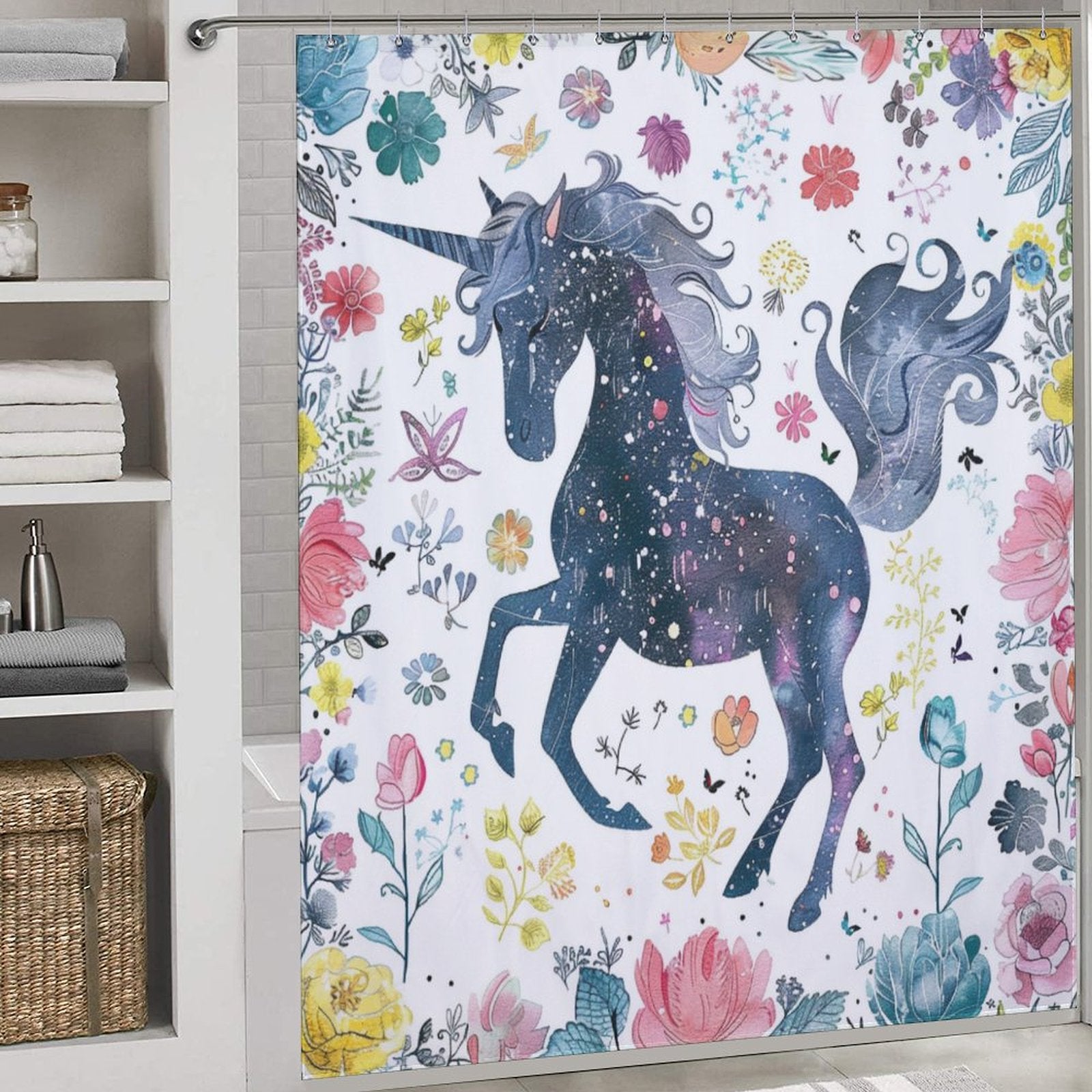 Watercolor Unicorn Floral Boho Shower Curtain