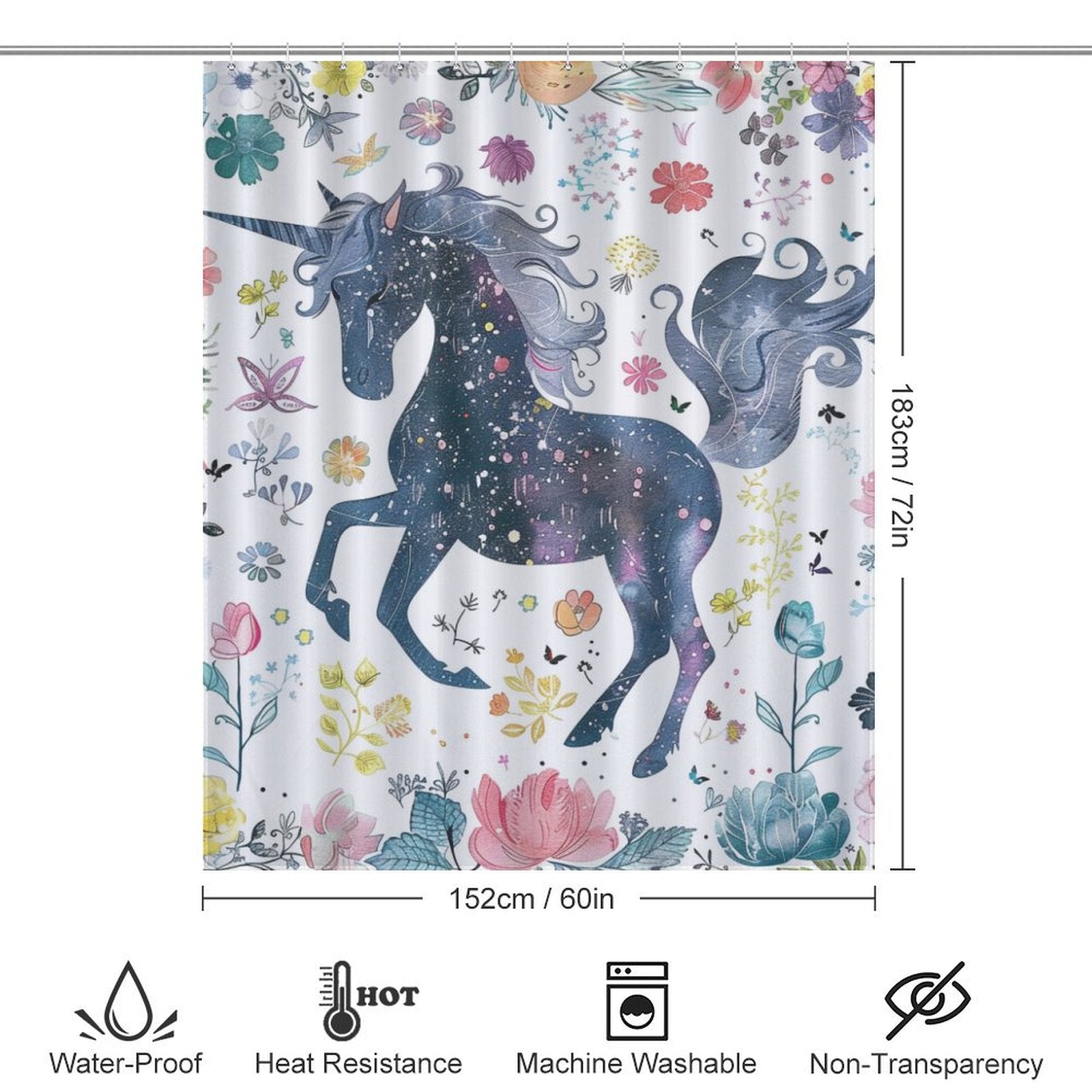 Watercolor Unicorn Floral Boho Shower Curtain