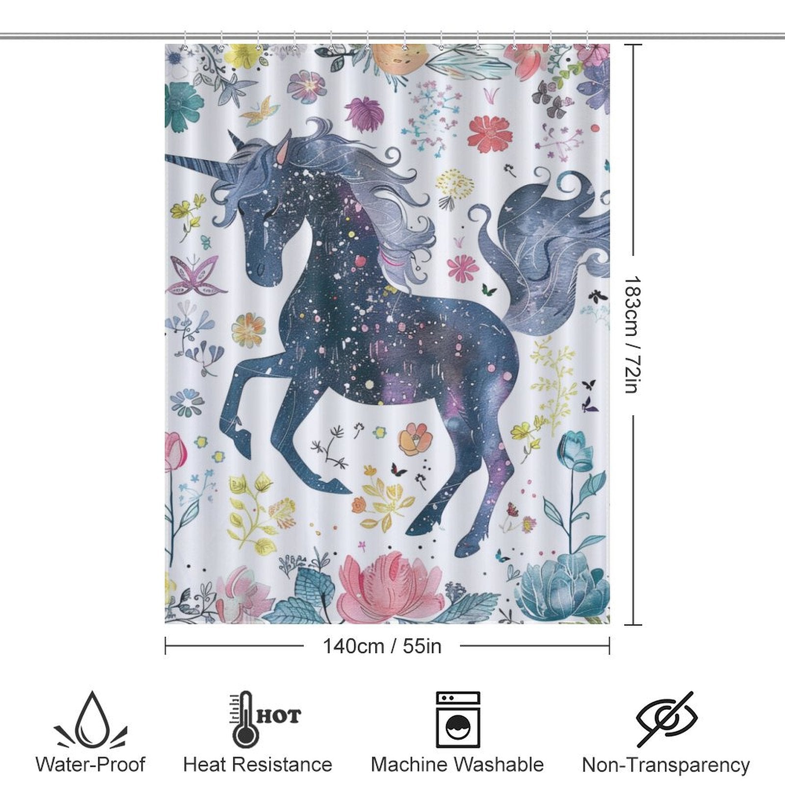 Watercolor Unicorn Floral Boho Shower Curtain