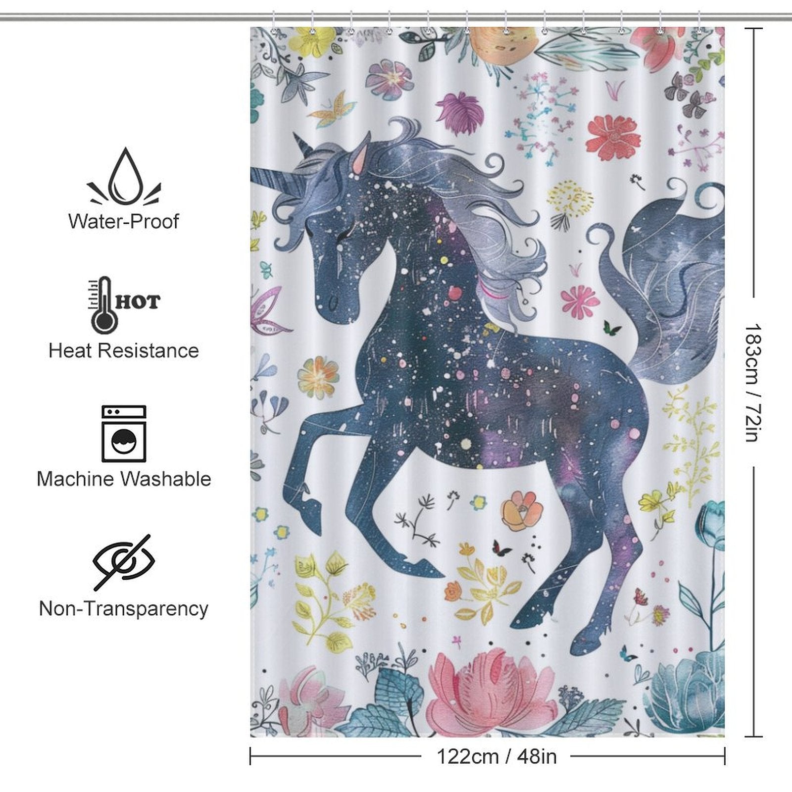 Watercolor Unicorn Floral Boho Shower Curtain