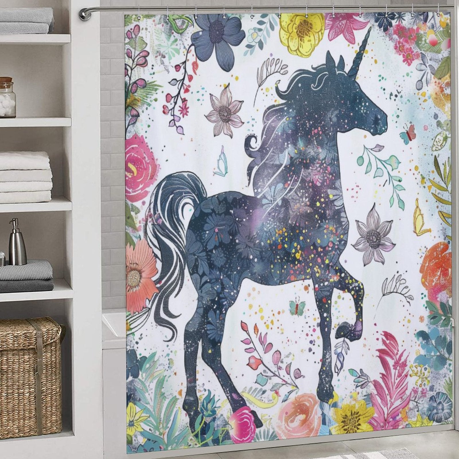 Whimsical Unicorn Floral Boho Shower Curtain