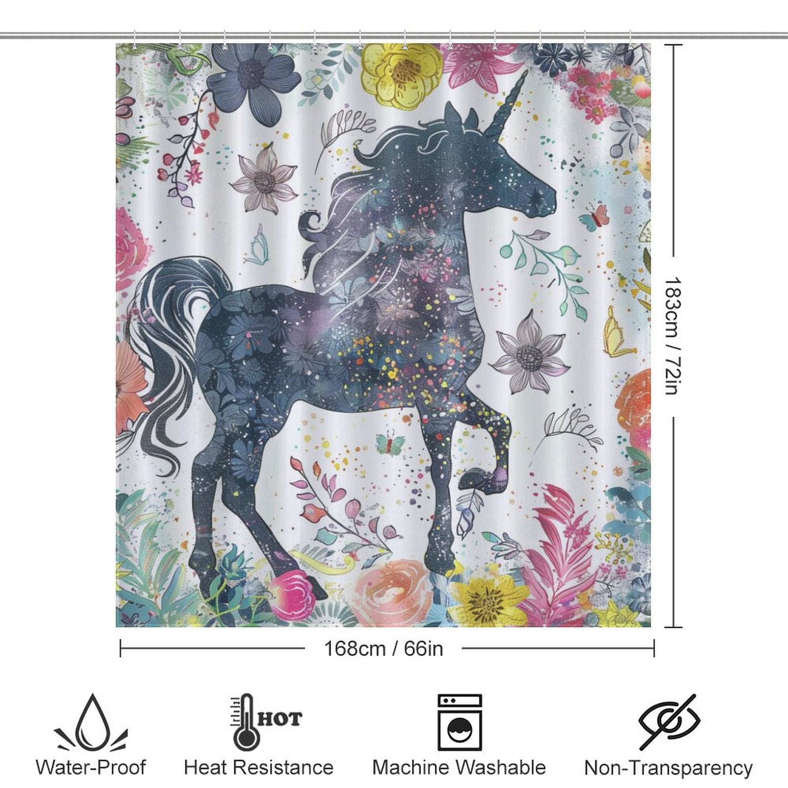 Whimsical Unicorn Floral Boho Shower Curtain