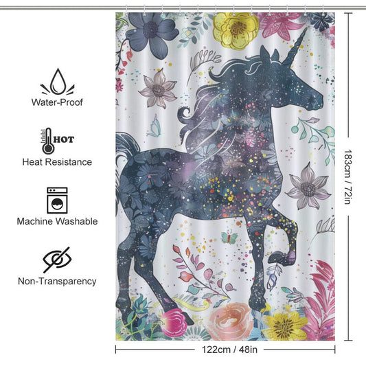 Whimsical Unicorn Floral Boho Shower Curtain