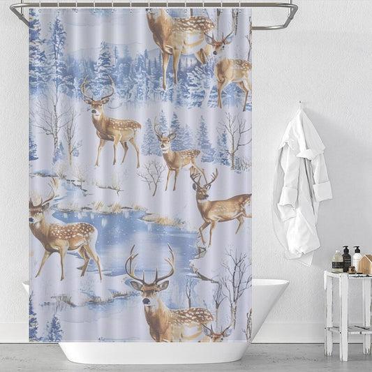 White Snow Deer Winter Shower Curtain