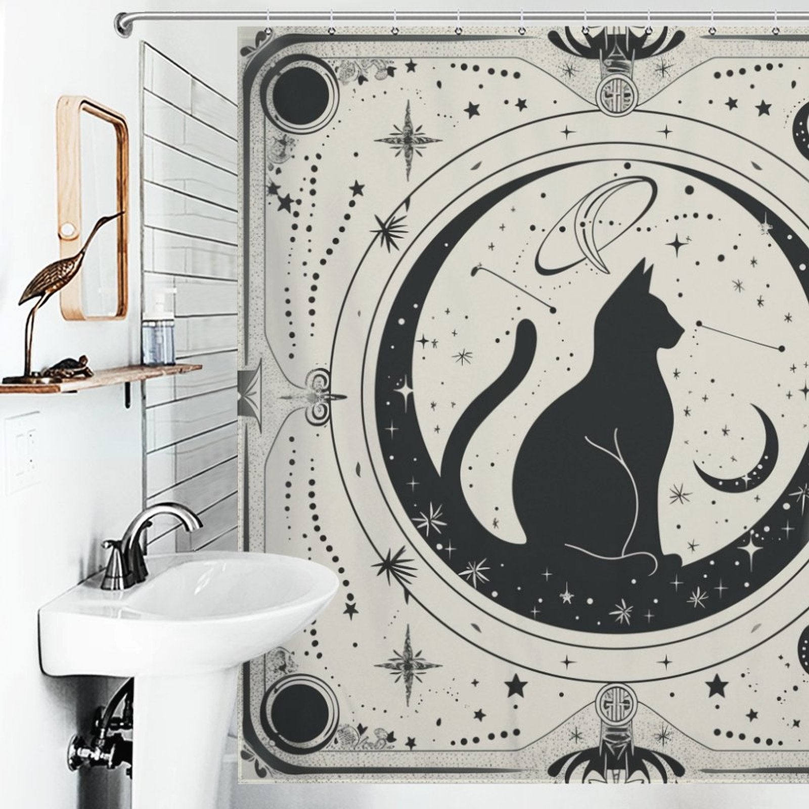 Witchy Black Cat Boho Moon Shower Curtain