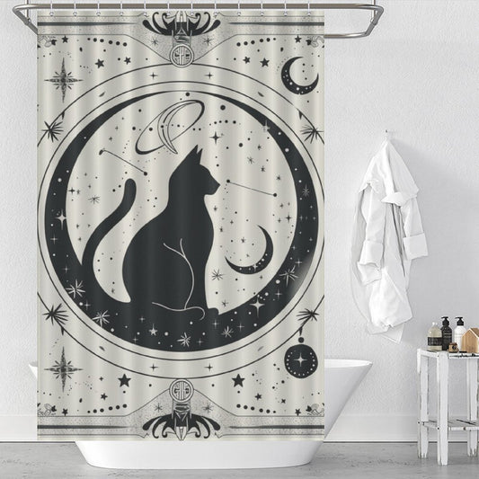 Witchy Black Cat Boho Moon Shower Curtain