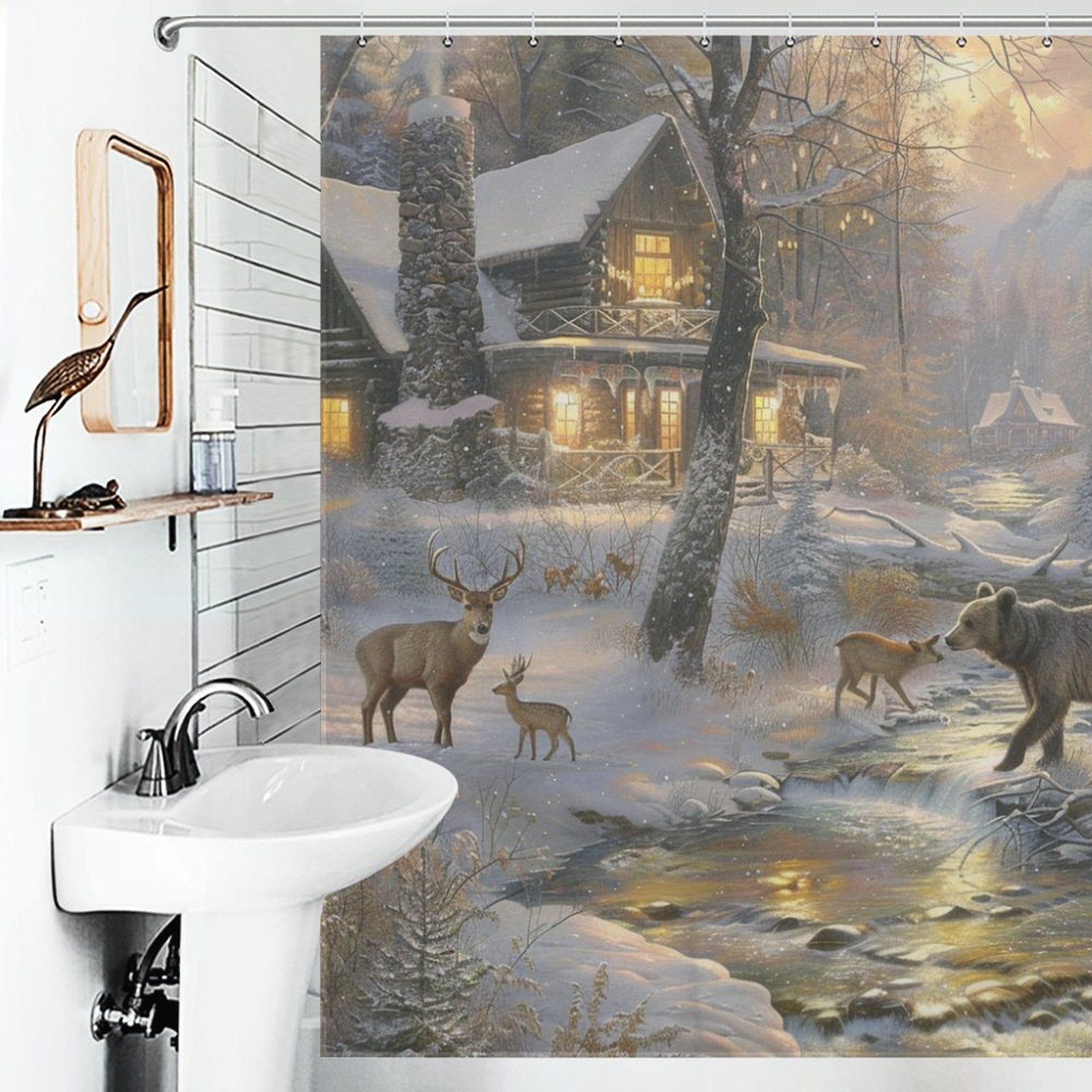 Wood Cabin Deer Forest Winter Shower Curtain