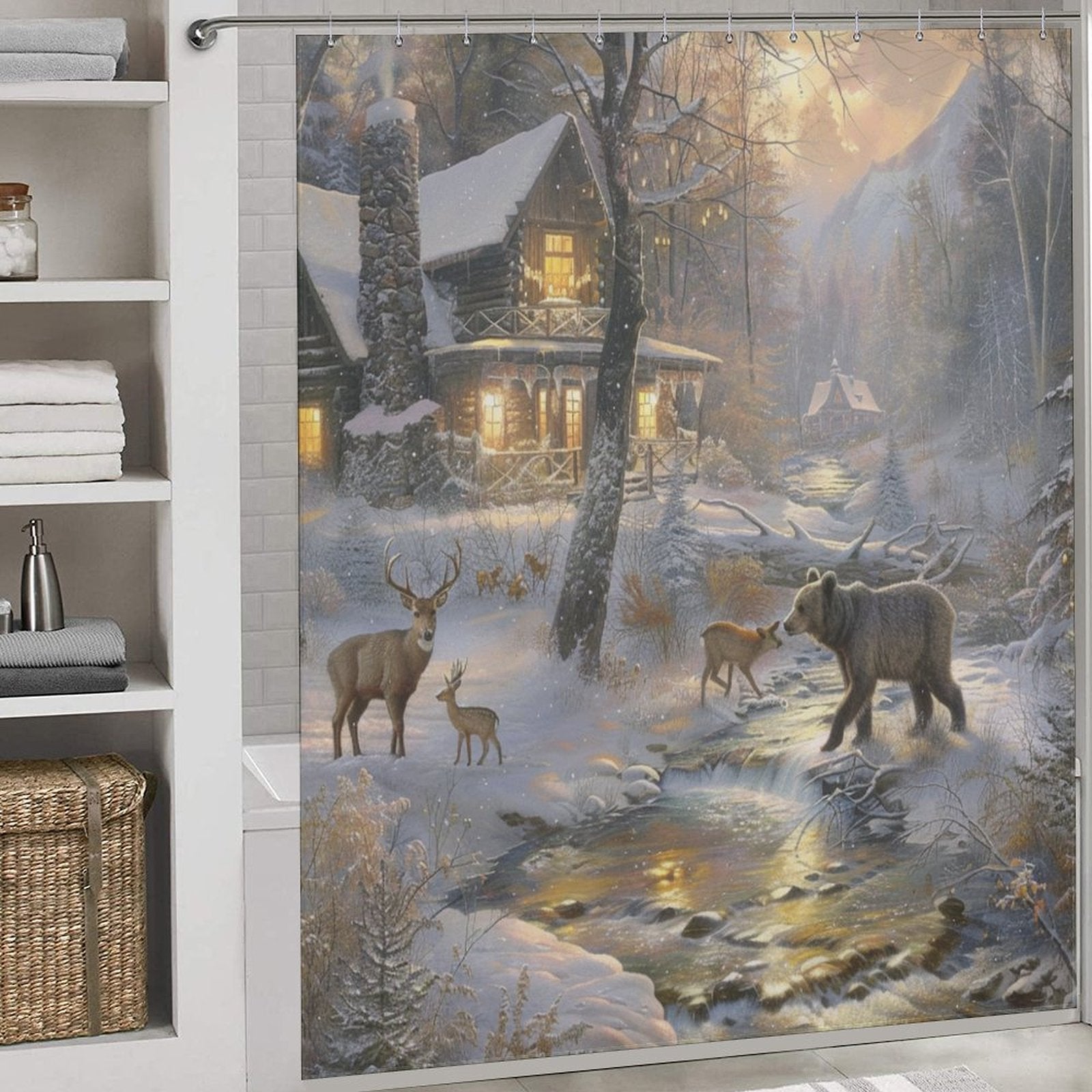 Wood Cabin Deer Forest Winter Shower Curtain