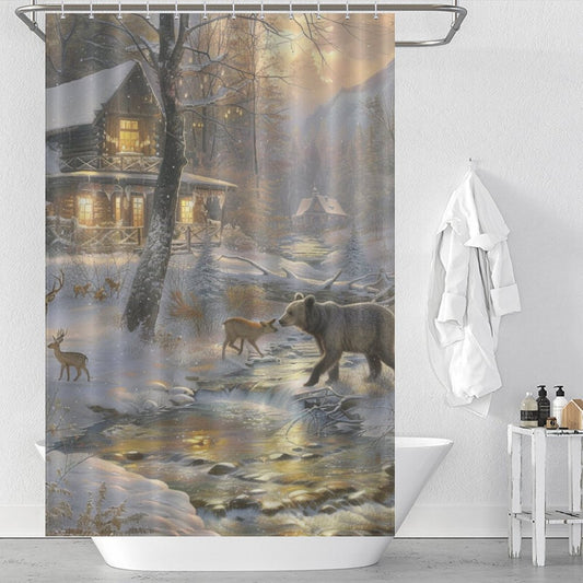 Wood Cabin Deer Forest Winter Shower Curtain