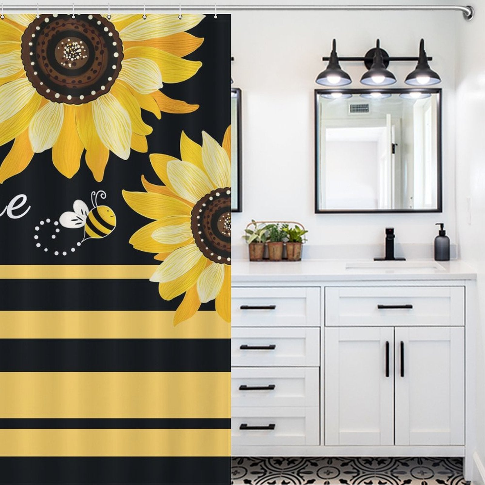 Yellow Striped Sunshine Sunflower Shower Curtain