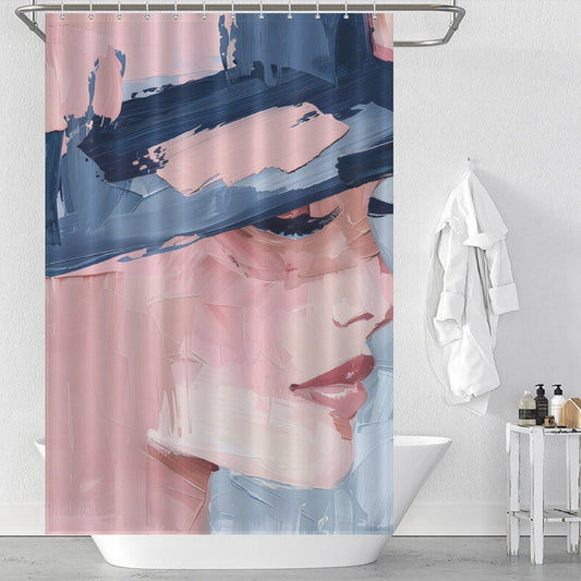 A Cotton Cat Mid Century Women Face Abstract Aesthetic Oil Painting Modern Art Blush Pink Navy Blue Cream Shower Curtain-Cottoncat with an abstract painted portrait of a woman's face in blush pink, navy blue, and pastel colors hangs in a bathroom with white walls and a matching cream towel on the rack beside the bathtub.