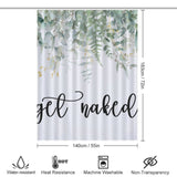 The Cotton Cat Get Naked Funny Letters Eucalyptus Leaves Print Shower Curtain-Cottoncat features a white backdrop adorned with a green botanical design, including eucalyptus leaves print, and the playful phrase "Get Naked" in large black script. It boasts water-resistant, heat-resistant, machine washable properties and is non-transparent—perfect for chic bathroom decor.