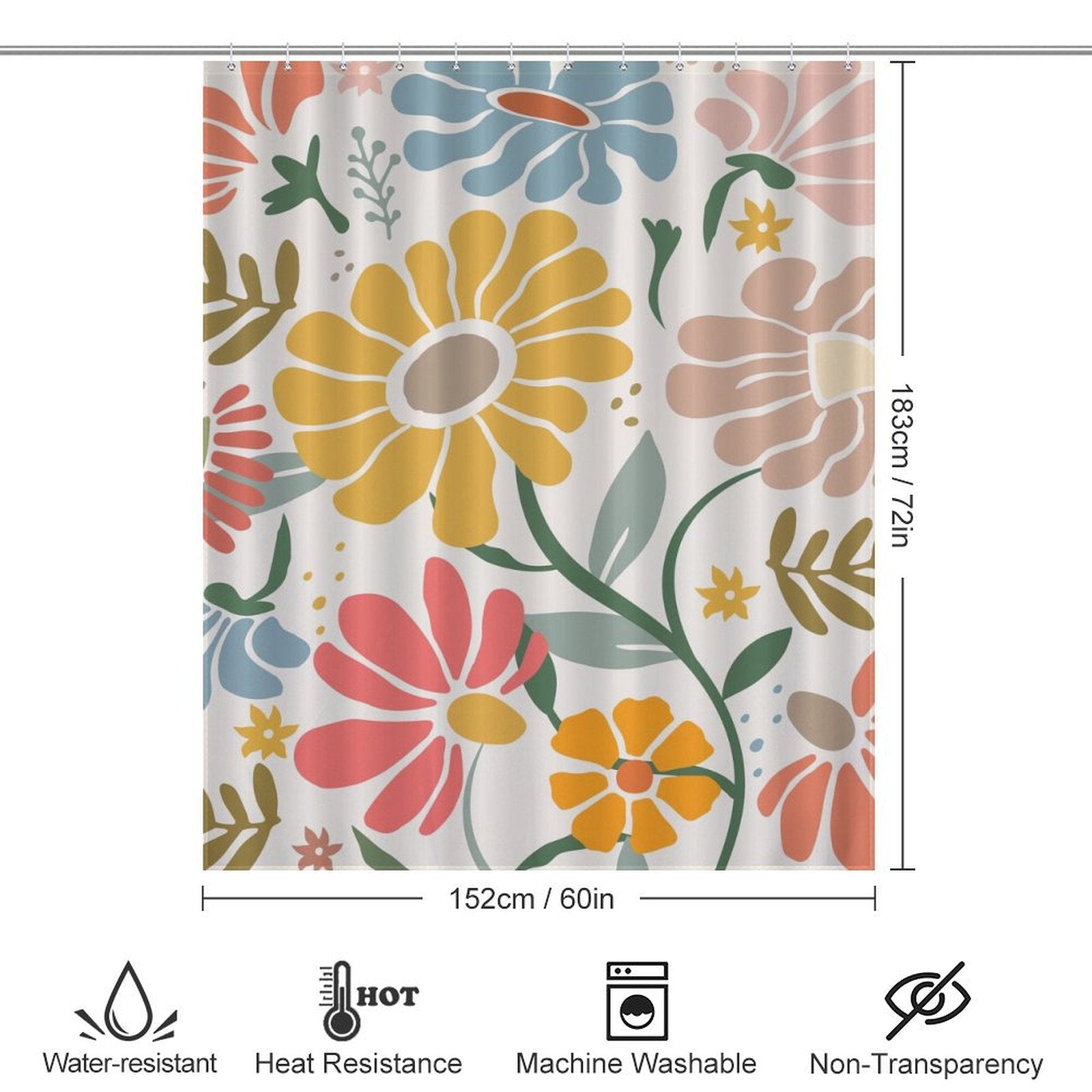 Cotton Cat Boho Colorful Yellow Flower Leaves Minimalist Watercolor Art Painting Floral Shower Curtain-Cottoncat, adorned with vibrant yellow flowers and leaves, measuring 183 cm by 152 cm. It has water-resistant, heat-resistant, and machine washable properties, while maintaining a non-transparent finish for perfect privacy.