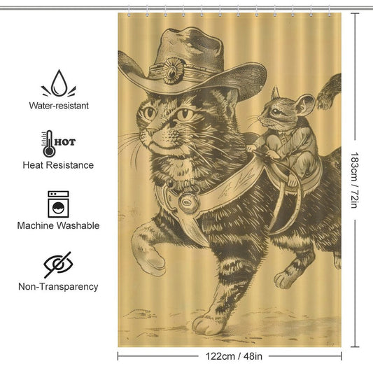 A Funny Cool Mouse Riding Cat Shower Curtain Shower Curtain-Cottoncat featuring a detailed illustration of a cat wearing a hat with a mouse dressed as a cowboy riding on its back. Perfect for bathroom decor, this curtain boasts both water and heat resistance. This unique shower curtain is brought to you by Cotton Cat.