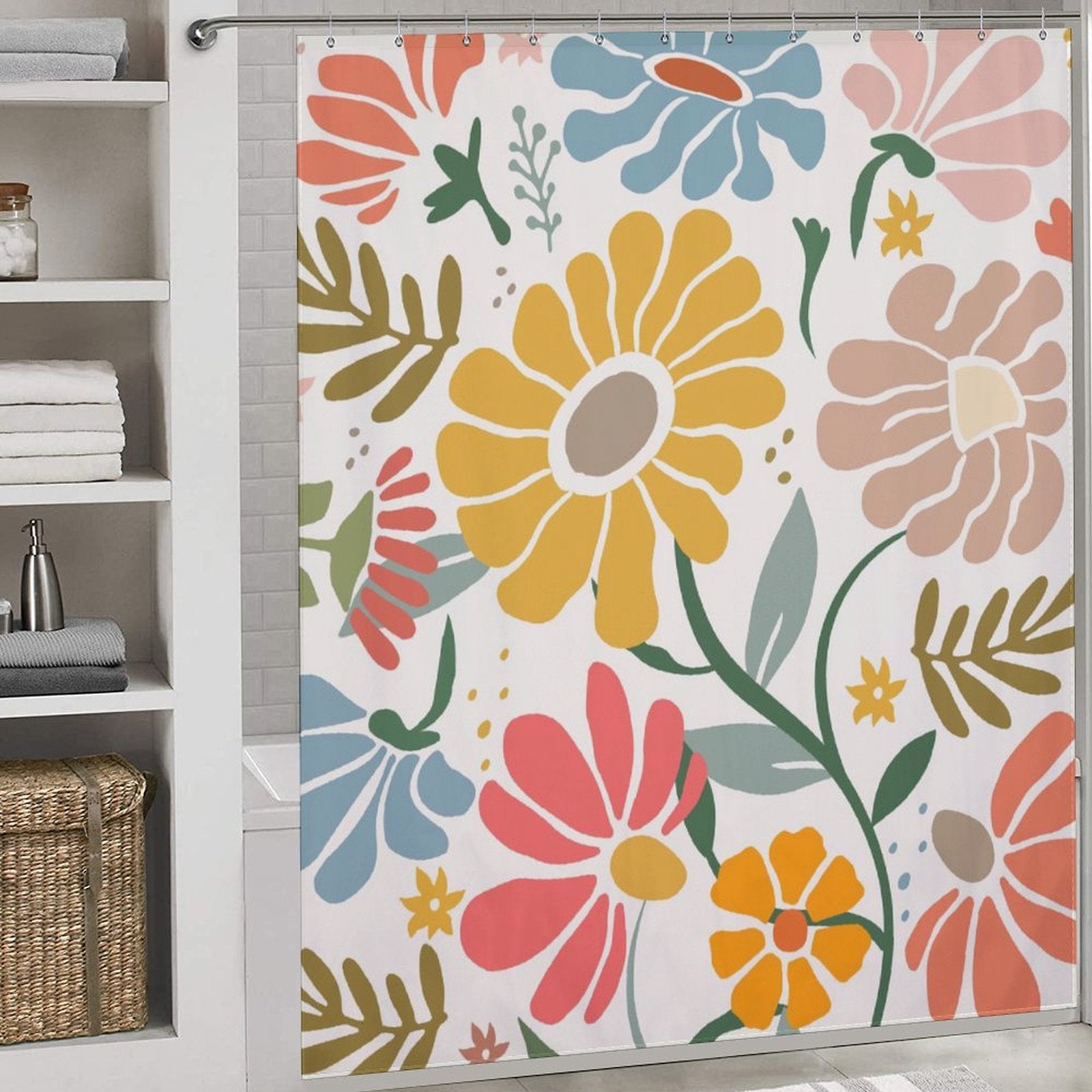 A bathroom boasts a Cotton Cat Boho Colorful Yellow Flower Leaves Minimalist Watercolor Art Painting Floral Shower Curtain-Cottoncat with a large, colorful floral design reminiscent of watercolor art painting. Shelves on the left hold folded towels and various items, adding to the eclectic charm.