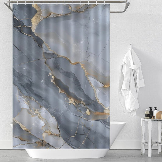 A bathroom featuring a luxurious **Gray Gold Stripe Abstract Marble Texture Art Shower Curtain-Cottoncat by Cotton Cat** on the bathtub. Next to the tub hangs a pristine white towel, while toiletries sit neatly on a small shelf.