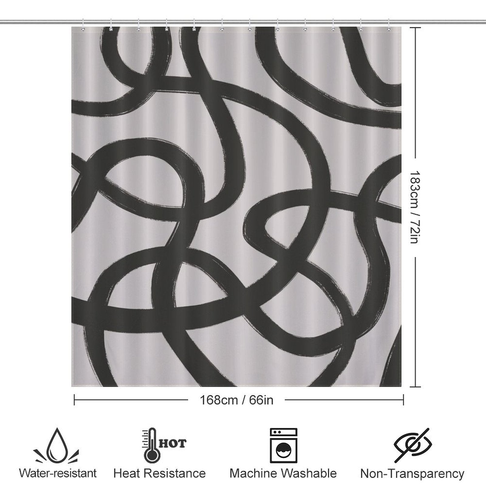 A white shower curtain featuring a modern geometric art design with black abstract swirl elements. Dimensions are 183 cm high by 168 cm wide. The Cotton Cat Modern Geometric Art Minimalist Curve Black Line Black and Grey Abstract Shower Curtain-Cottoncat is water-resistant, heat resistant, machine washable, and non-transparent.