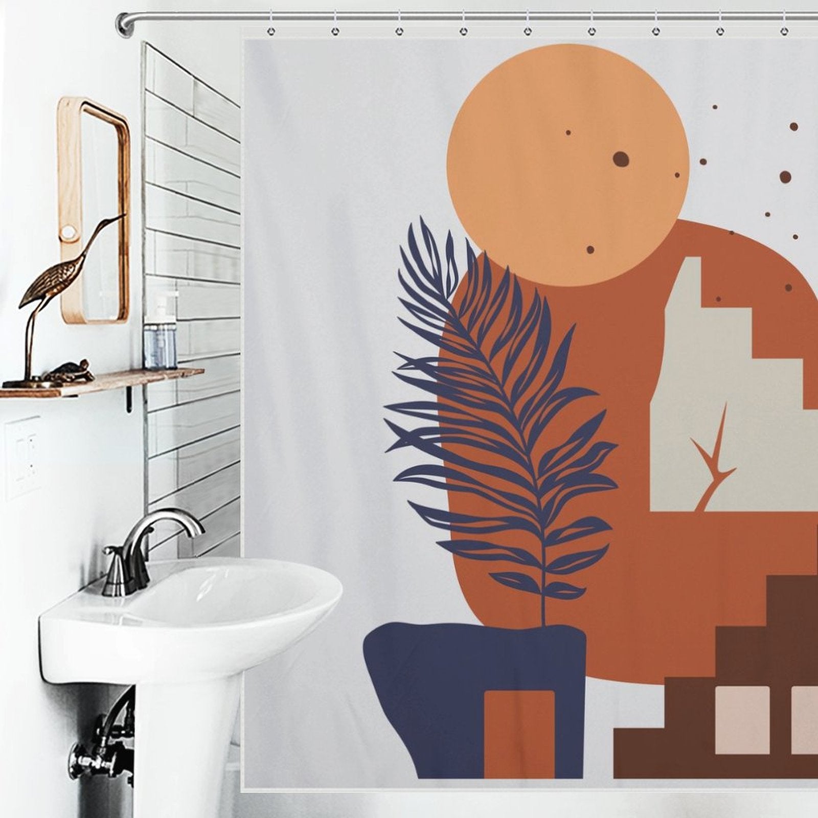 Bathroom with a minimalist design featuring a Boho Abstract Geometric Modern Art Leaves Sun Arch Minimalist Simple Mid Century Shower Curtain-Cottoncat by Cotton Cat. A white sink and mirror are visible in the foreground.