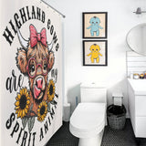 Bathroom with a white toilet, sink, and trash can. Wall art shows a bison wearing glasses and headband, flowers, and text reading "Highland cows are my spirit animal." A Cute Sunflower Glasses Highland Cow Shower Curtain-Cottoncat by Cotton Cat adds to the bathroom decor. Two framed pictures are above the toilet.