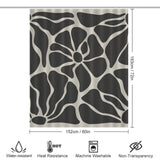 Cotton Cat Vintage Boho Flower Black and Grey Art 70s Black Floral Mid Century Abstract Shower Curtain with a black abstract floral pattern measuring 183 cm by 152 cm. Icons below indicate water resistance, heat resistance, machine washable, and non-transparency features.