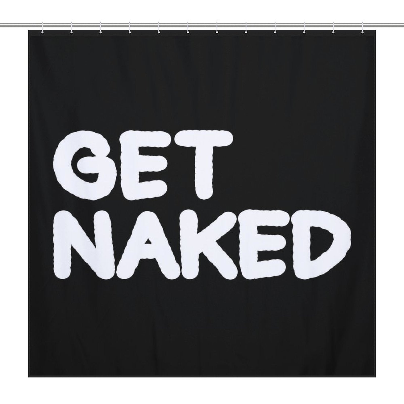 This modern design black shower curtain, the Funny Black and White Letters Get Naked Shower Curtain-Cottoncat by Cotton Cat, features bold, funny black and white letters that read "GET NAKED.