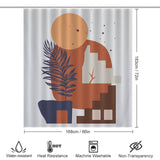 A **Cotton Cat Boho Abstract Geometric Modern Art Leaves Sun Arch Minimalist Simple Mid Century Shower Curtain-Cottoncat** with a Boho abstract geometric art design in orange, blue, and brown tones. Features include water-resistant, heat resistant, machine washable, and non-transparent. Dimensions: 168cm x 183cm (66in x 72in). Perfect for adding a touch of artistry to your bathroom.