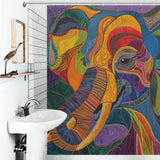 A bathroom with a sink and mirror features a vibrant, waterproof Colorful Abstract Elephant Shower Curtain-Cottoncat adorned with a colorful abstract elephant design by Cotton Cat.