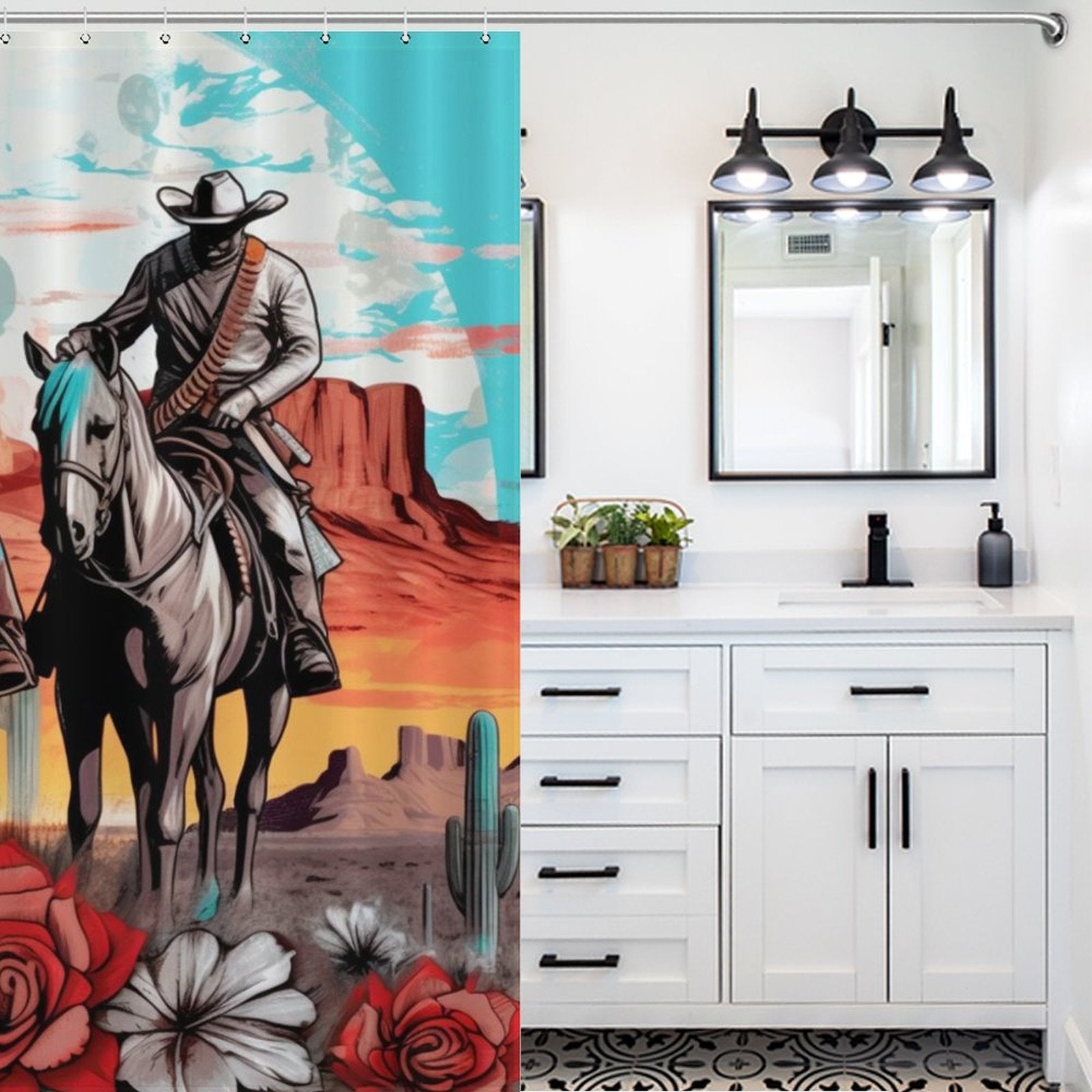 A Western-themed bathroom features a white vanity, a black framed mirror, and a Cotton Cat Cowboy Riding Horses Western Shower Curtain-Cottoncat with a cowboy riding horses against desert scenery.