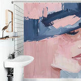 A bathroom with a white sink, modern fixtures, and a Mid Century Women Face Abstract Aesthetic Oil Painting Modern Art Blush Pink Navy Blue Cream Shower Curtain-Cottoncat featuring an abstract painting of a person in a blue hat with a predominantly blush pink background by Cotton Cat.