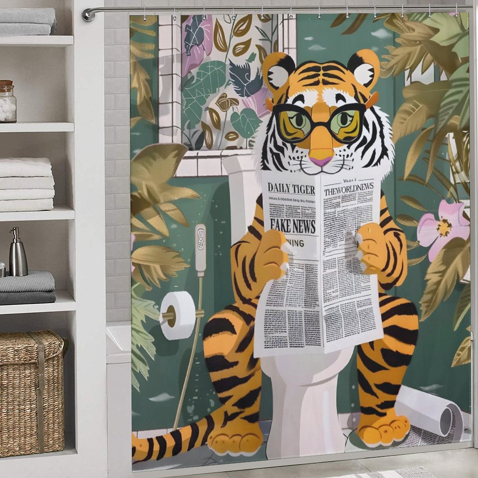 Introducing the Funny Cool Tiger Reading Shower Curtain-Cottoncat by Cotton Cat: a unique shower curtain featuring a tiger sitting on a toilet, reading a newspaper against a jungle-themed background. Made from waterproof fabric, this delightful design adds whimsy and charm to your bathroom decor.