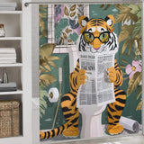 Introducing the Funny Cool Tiger Reading Shower Curtain-Cottoncat by Cotton Cat: a unique shower curtain featuring a tiger sitting on a toilet, reading a newspaper against a jungle-themed background. Made from waterproof fabric, this delightful design adds whimsy and charm to your bathroom decor.