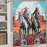 The Cotton Cat Cowboy Riding Horses Western Shower Curtain with a colorful illustration of two cowboys on horseback in a desert landscape, featuring cacti, red rocks, and large flowers in the foreground. Perfect for adding a touch of Western decor to your bathroom.
