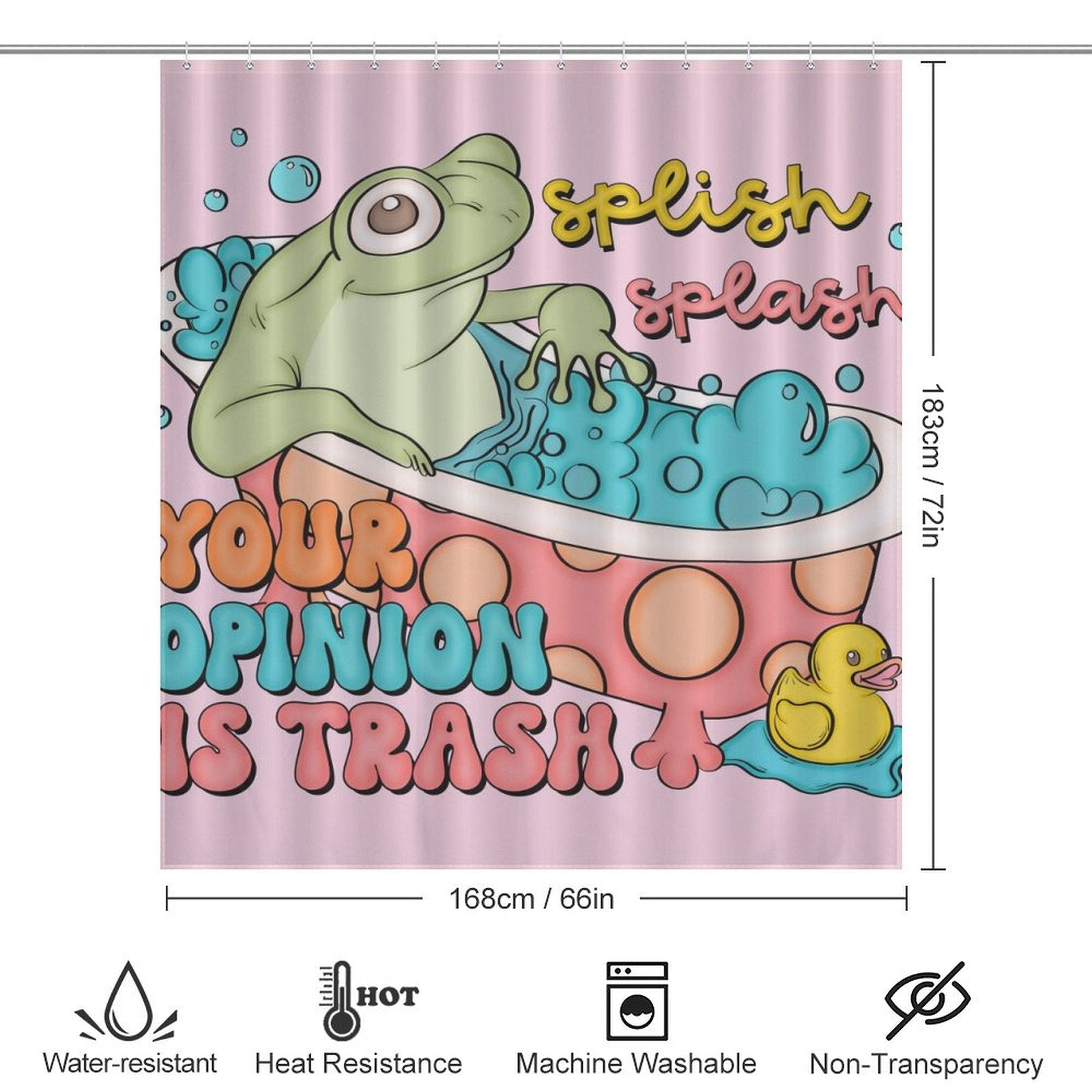 Introducing the Funny Humor Sarcastic Froggy Shower Curtain-Cottoncat by Cotton Cat: a funny humor shower curtain featuring a cartoon frog in a bathtub with bubbles, a rubber duck, and the cheeky phrase "Your Opinion is Trash." Icons indicate it is water-resistant, heat resistant, and machine washable. A perfect touch of humorous bathroom decor!