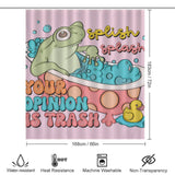 Introducing the Funny Humor Sarcastic Froggy Shower Curtain-Cottoncat by Cotton Cat: a funny humor shower curtain featuring a cartoon frog in a bathtub with bubbles, a rubber duck, and the cheeky phrase "Your Opinion is Trash." Icons indicate it is water-resistant, heat resistant, and machine washable. A perfect touch of humorous bathroom decor!