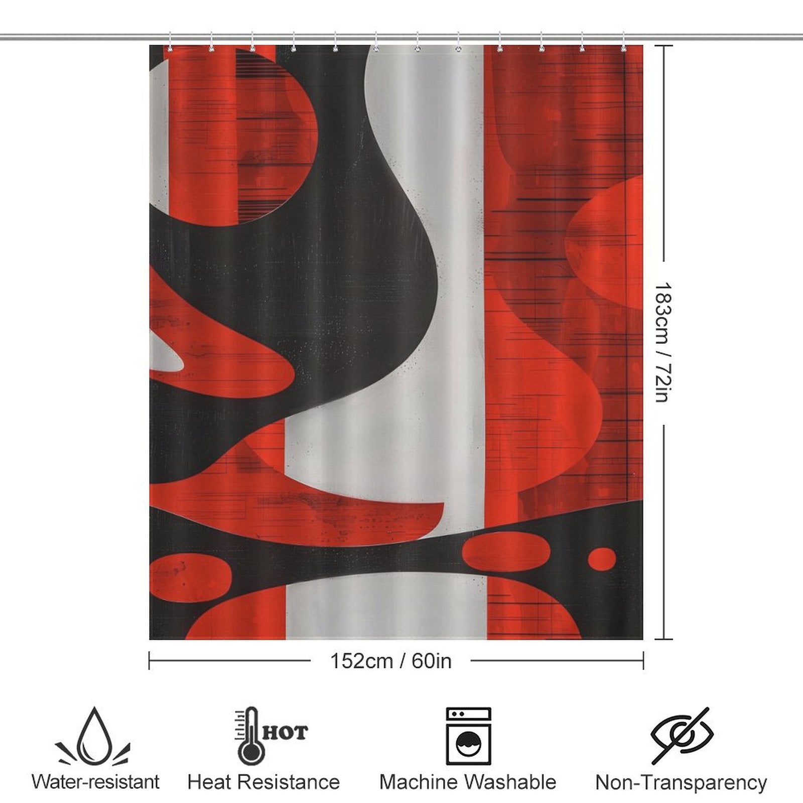 The Mid Century Modern Geometric Art Minimalist Grey Red and Black Abstract Shower Curtain-Cottoncat by Cotton Cat boasts a striking black, red, and white design. Measuring 152 cm x 183 cm, it combines functionality with flair, offering water and heat resistance as well as machine washability. The non-transparent material ensures privacy while adding a touch of geometric art to your bathroom.